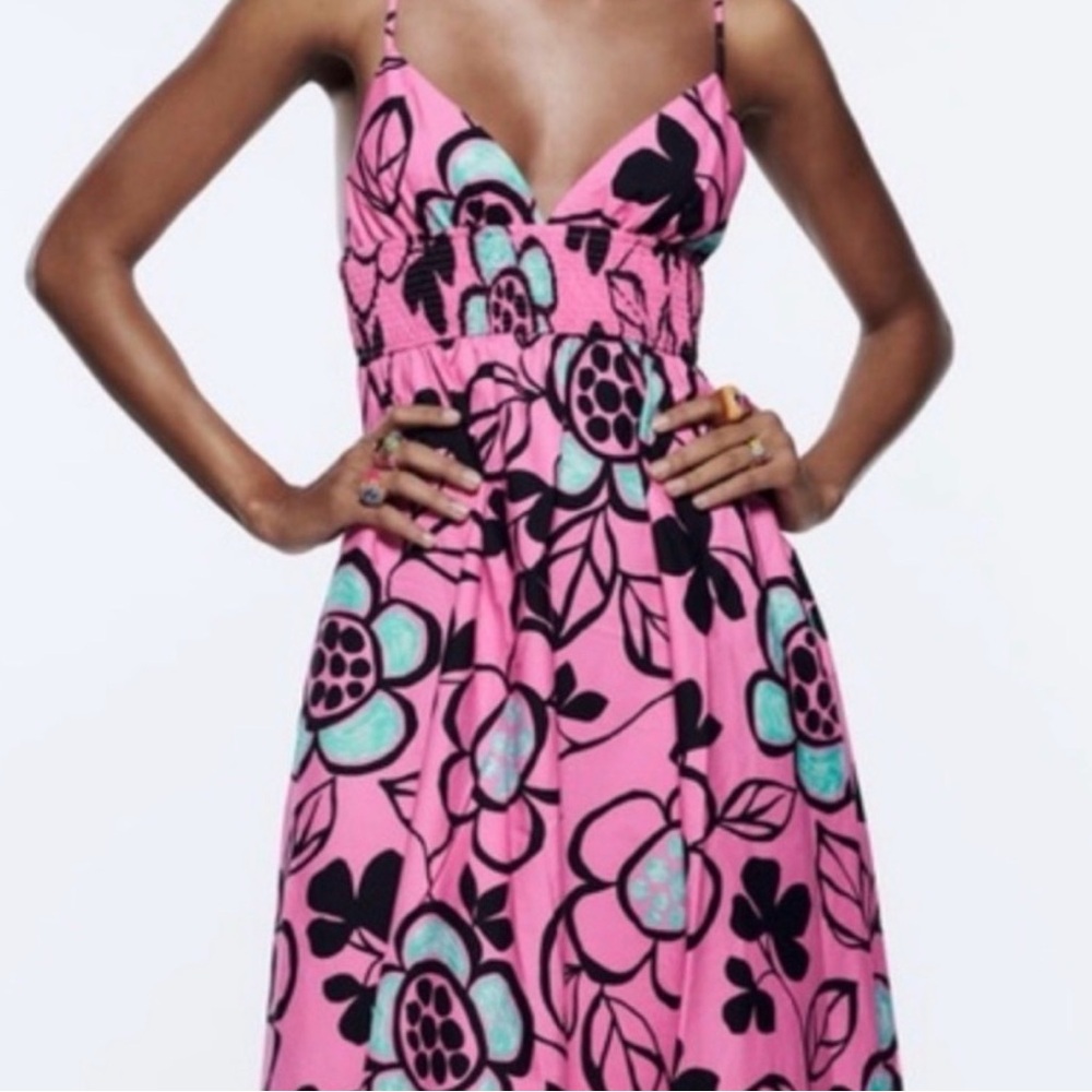 ZARA Pink Floral Maxi Dress with Turquoise Accents